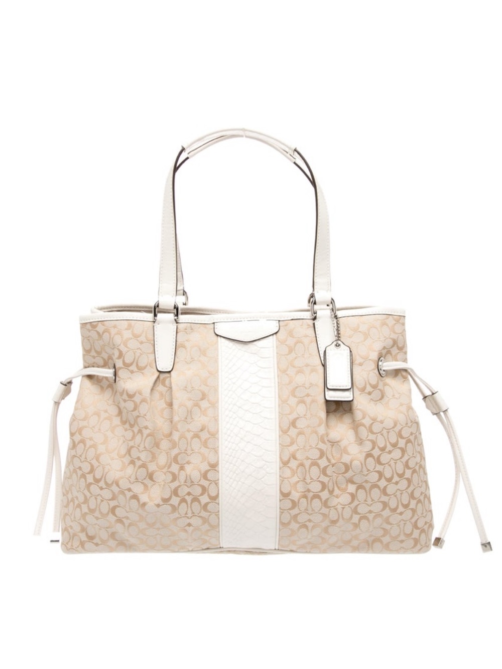 Coach Beige Signature Tote with White Center Stripe